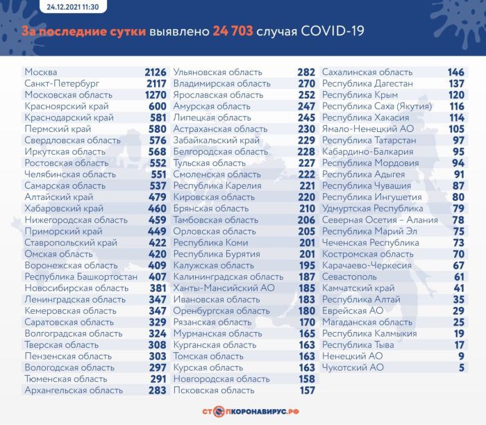 Коронавирус в России выявили еще у 24 703 человек
